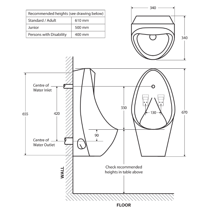 Bottom Inlet Urinal Fienza Isabella Wall Hung Urinal, Gloss White, Back Inlet