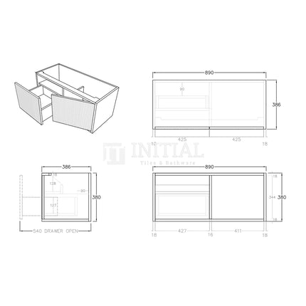 Bellevue Groove 900 Coastal Oak Woodgrain Wall Hung Slim Vanity ,