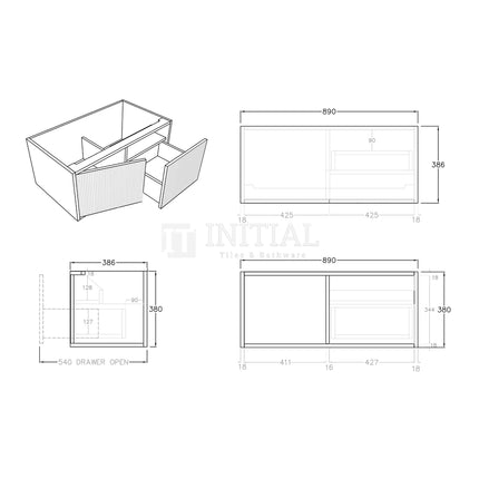 Bellevue Groove 900 Coastal Oak Woodgrain Wall Hung Slim Vanity ,