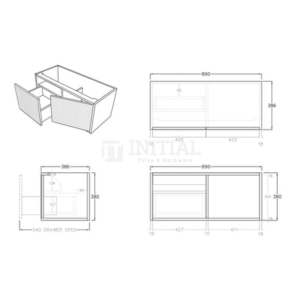 Bellevue Groove 900 Prime Oak Woodgrain Wall Hung Slim Vanity ,