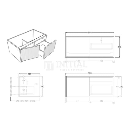 Bellevue Groove 900 Prime Oak Woodgrain Wall Hung Slim Vanity ,