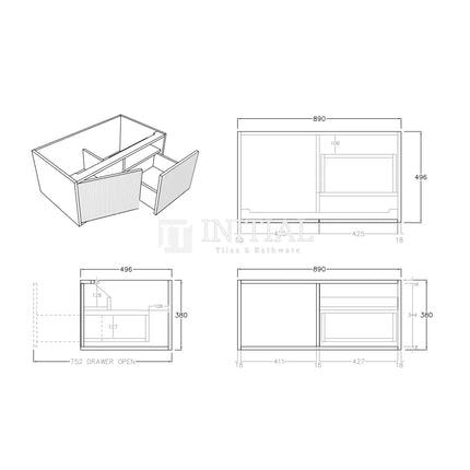 Bellevue Groove 900 Coastal Oak Woodgrain Wall Hung Vanity ,