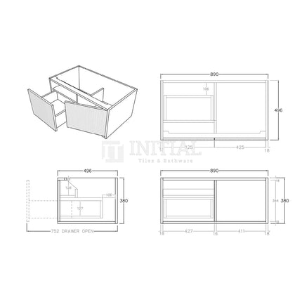 Bellevue Groove 900 Prime Oak Woodgrain Wall Hung Vanity ,