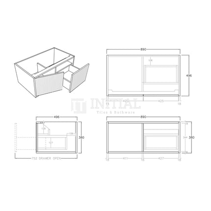 Bellevue Groove 900 Prime Oak Woodgrain Wall Hung Vanity ,