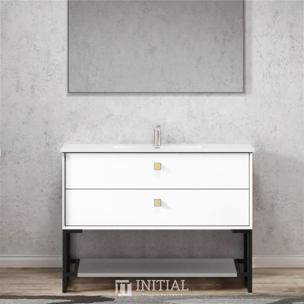 Otti Hugo Wall Hung Vanity with 2 Drawers Soft Close Doors Matt White 1190W X 550H X 460D , With Ceramic Top With 1200mm Leg