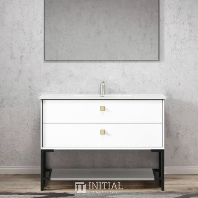 Otti Hugo Wall Hung Vanity with 2 Drawers Soft Close Doors Matt White 1190W X 550H X 460D , With Ceramic Top With 1200mm Leg