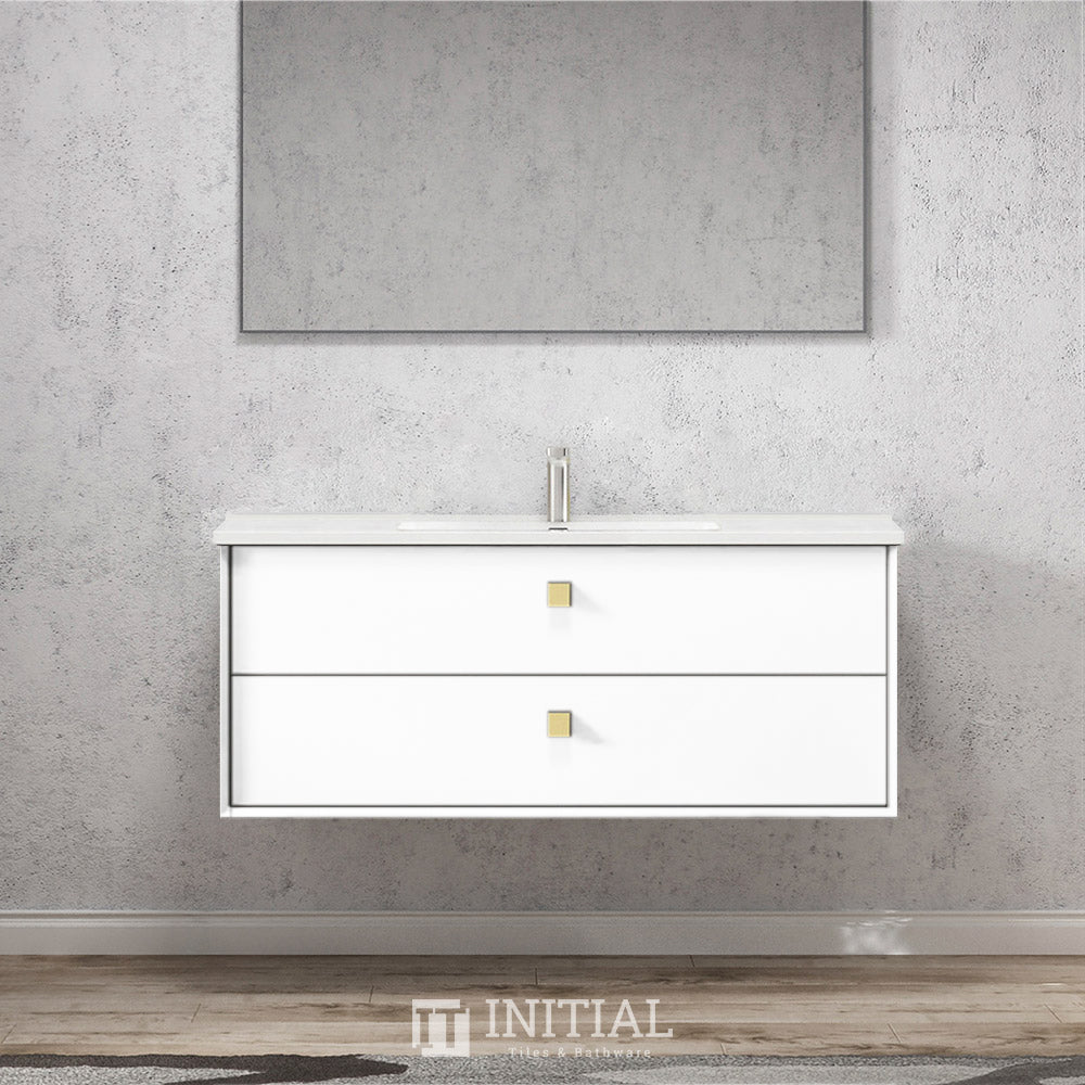 Otti Hugo Wall Hung Vanity with 2 Drawers Soft Close Doors Matt White 1190W X 550H X 460D , With Ceramic Top None