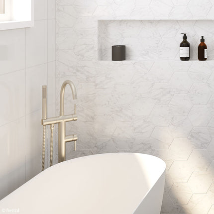 Kaya Floor Mounted Bath Mixer with Hand Shower Brushed Nickel ,