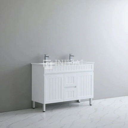 Modern Shaker Matt White Freestanding Floor Vanity Cabinet & Ceramic Top Double Bowl 1200X460X860 ,