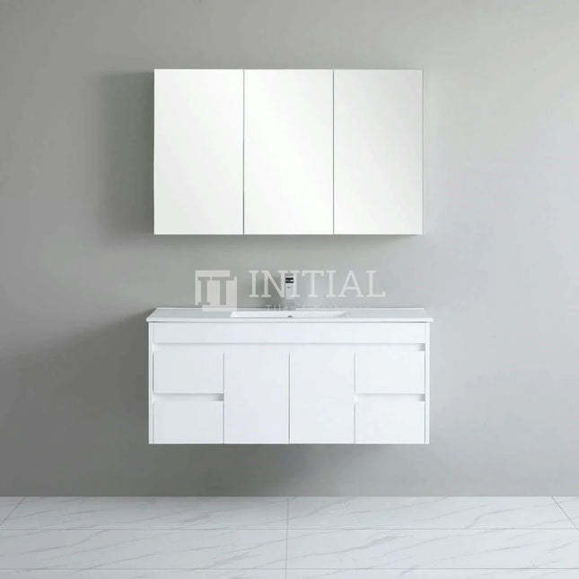 Gloss White PVC Wall Hung Vanity with 2 Doors and 4 Drawers Single Bowl 1190W X 500H X 455D ,