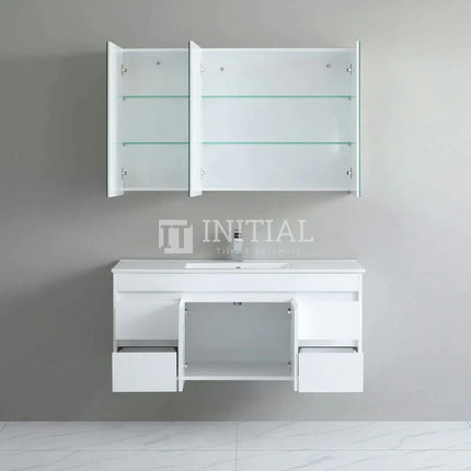 Gloss White PVC Wall Hung Vanity with 2 Doors and 4 Drawers Single Bowl 1190W X 500H X 455D ,