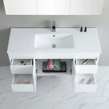 Gloss White PVC Wall Hung Vanity with 2 Doors and 4 Drawers Single Bowl 1190W X 500H X 455D ,