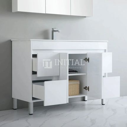 Gloss White PVC Freestanding Floor Vanity with 2 Doors and 4 Drawers Single Bowl 1190W X 850H X 455D ,
