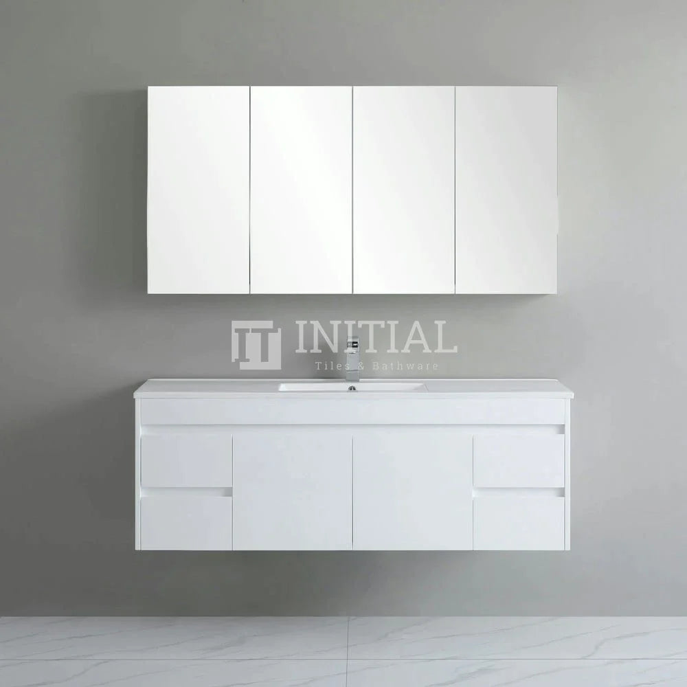 Gloss White PVC Wall Hung Vanity with 2 Doors and 4 Drawers Single Bowl 1490W X 500H X 455D ,