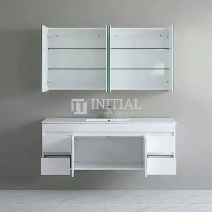 Gloss White PVC Wall Hung Vanity with 2 Doors and 4 Drawers Single Bowl 1490W X 500H X 455D ,
