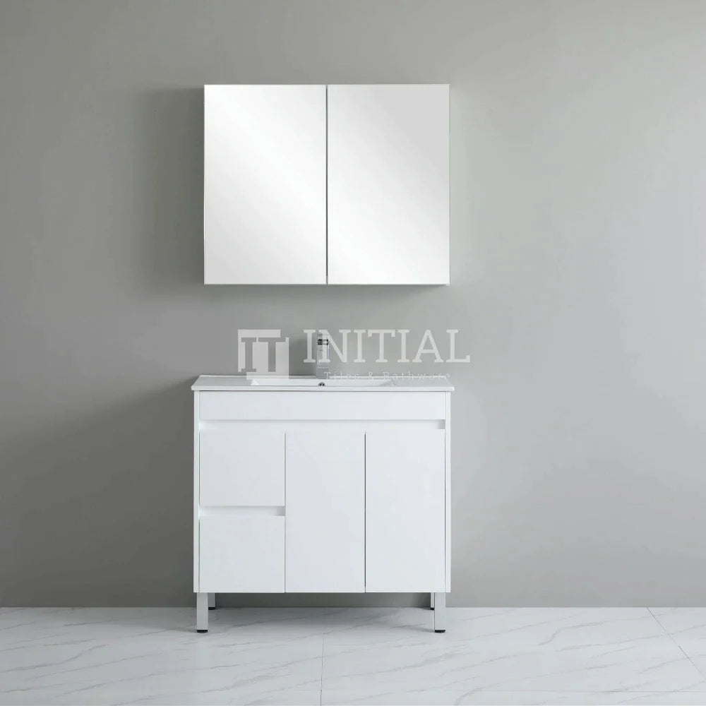 Gloss White PVC Freestanding Floor Vanity with 2 Doors and 2 Drawers Left Side 890W X 850H X 455D ,
