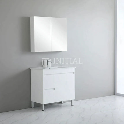 Gloss White PVC Freestanding Floor Vanity with 2 Doors and 2 Drawers Left Side 890W X 850H X 455D ,