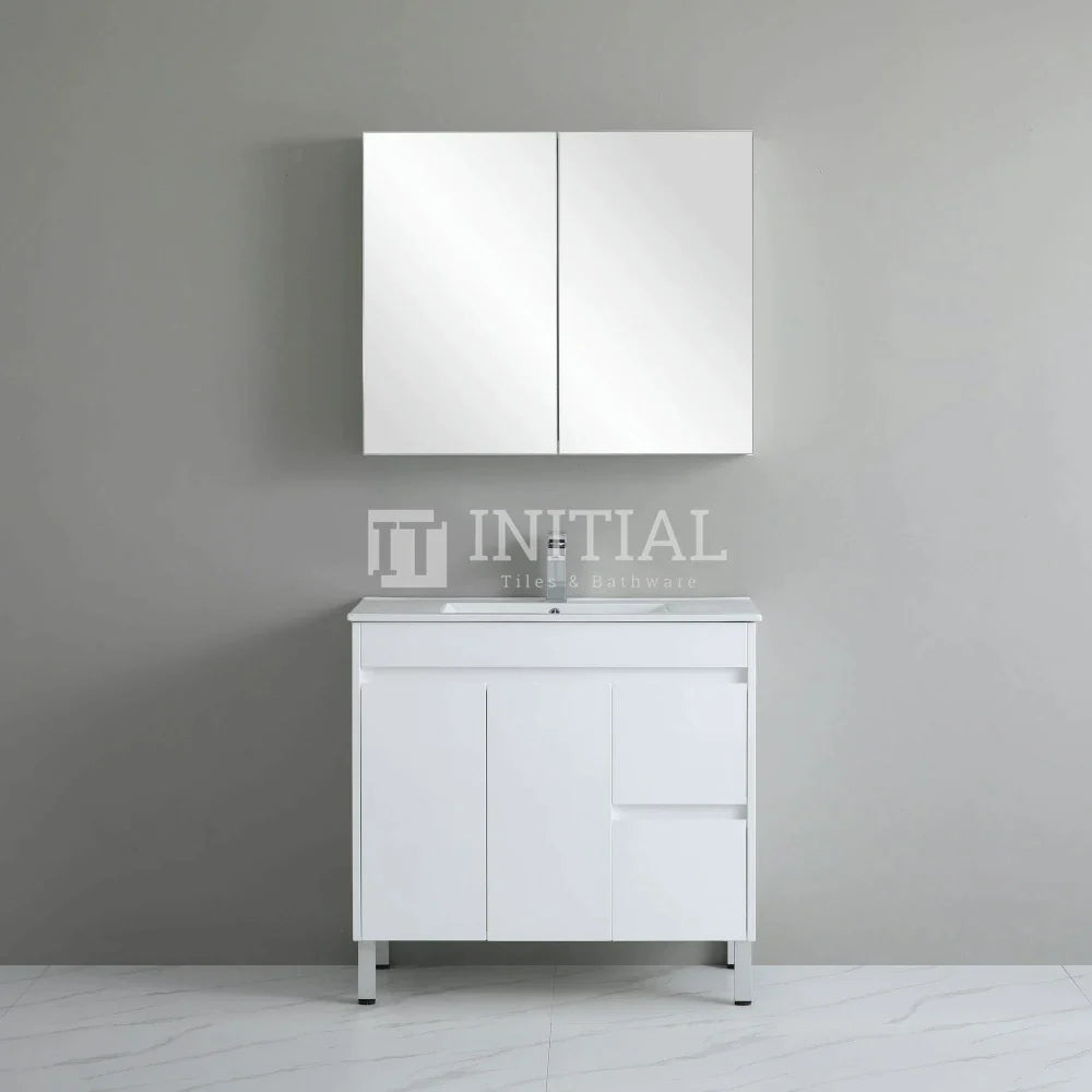 Gloss White PVC Freestanding Floor Vanity with 2 Doors and 2 Drawers Right Side 890W X 850H X 455D ,