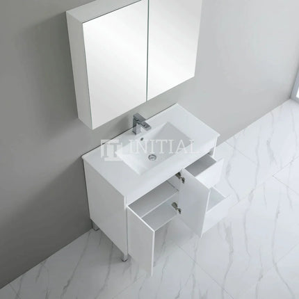 Gloss White PVC Freestanding Floor Vanity with 2 Doors and 2 Drawers Right Side 890W X 850H X 455D ,
