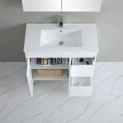 Gloss White PVC Freestanding Floor Vanity with 2 Doors and 2 Drawers Right Side 890W X 850H X 455D ,