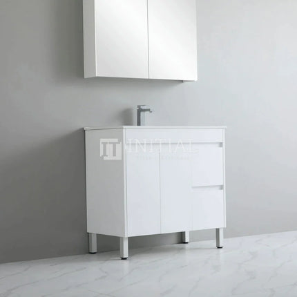 Gloss White PVC Freestanding Floor Vanity with 2 Doors and 2 Drawers Right Side 890W X 850H X 455D ,