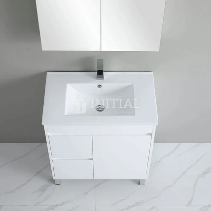 Gloss White PVC Freestanding Floor Vanity with 1 Door and 2 Drawers Left Side 740W X 850H X 455D ,