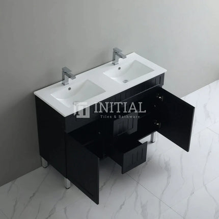 Modern Shaker Matt Black Freestanding Floor Vanity Cabinet & Ceramic Top Double Bowl 1200X460X860 ,