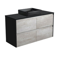 Fienza Amato Industrial 1200 Wall Hung Cabinet, Solid Drawers, Bevelled Edge , With Stone Top - Black Sparkle + Basin Satin Black Panels
