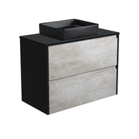 Fienza Amato Industrial 900 Wall Hung Cabinet, 2 Solid Drawers, Bevelled Edge , With Stone Top - Black Sparkle + Basin Satin Black Panels