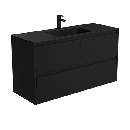 Fienza Amato Satin Black 1200 Wall Hung Cabinet, Solid Drawers, Bevelled edge , With Moulded Basin-Top - Montana Solid Surface Satin Black Panels