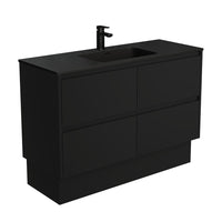Fienza Amato Satin Black 1200 Cabinet on Kickboard, Solid Panels, Bevelled Edge , With Moulded Basin-Top - Montana Solid Surface Satin Black Panels