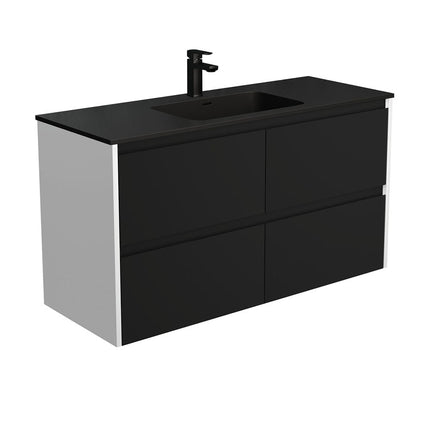 Fienza Amato Satin Black 1200 Wall Hung Cabinet, Solid Drawers, Bevelled edge , With Moulded Basin-Top - Montana Solid Surface Satin White Panels