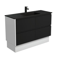Fienza Amato Satin Black 1200 Cabinet on Kickboard, Solid Panels, Bevelled Edge , With Moulded Basin-Top - Montana Solid Surface Satin White Panels