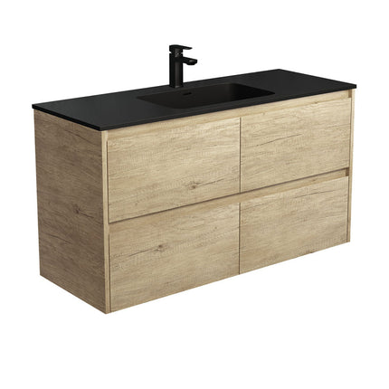 Fienza Amato Scandi Oak 1200 Wall Hung Cabinet, Solid Drawers, Bevelled Edge , With Moulded Basin-Top - Montana Solid Surface Scandi Oak Panels