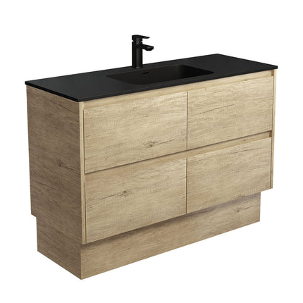 Fienza Amato Scandi Oak 1200 Cabinet on Kickboard, Solid Panels, Bevelled Edge , With Moulded Basin-Top - Montana Solid Surface Scandi Oak Panels