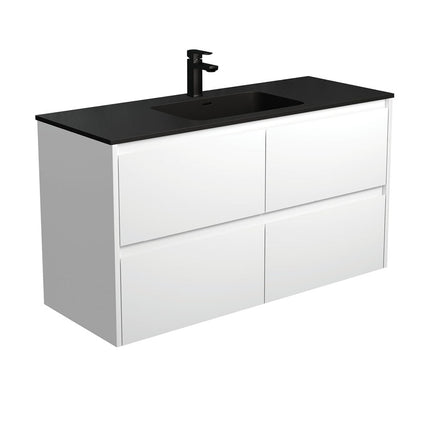 Fienza Amato Satin White 1200 Wall Hung Cabinet, Solid Drawers, Bevelled Edge , With Moulded Basin-Top - Montana Solid Surface Satin White Panels