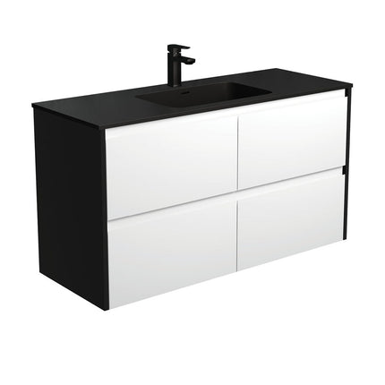 Fienza Amato Satin White 1200 Wall Hung Cabinet, Solid Drawers, Bevelled Edge , With Moulded Basin-Top - Montana Solid Surface Satin Black Panels