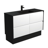 Fienza Amato Satin White 1200 Cabinet on Kickboard, Solid Panels, Bevelled Edge , With Moulded Basin-Top - Montana Solid Surface Satin Black Panels