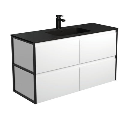Fienza Amato Satin White 1200 Wall Hung Cabinet, Solid Drawers, Bevelled Edge , With Moulded Basin-Top - Montana Solid Surface Matte Black Frames