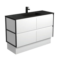 Fienza Amato Satin White 1200 Cabinet on Kickboard, Solid Panels, Bevelled Edge , With Moulded Basin-Top - Montana Solid Surface Matte Black Frames
