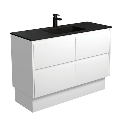 Fienza Amato Satin White 1200 Cabinet on Kickboard, Solid Panels, Bevelled Edge , With Moulded Basin-Top - Montana Solid Surface Satin White Panels
