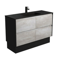 Fienza Amato Industrial 1200 Cabinet on Kickboard, Solid Panels, Bevelled Edge , With Moulded Basin-Top - Montana Solid Surface Satin Black Panels