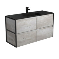 Fienza Amato Industrial 1200 Wall Hung Cabinet, Solid Drawers, Bevelled Edge , With Moulded Basin-Top - Montana Solid Surface Matte Black Frames