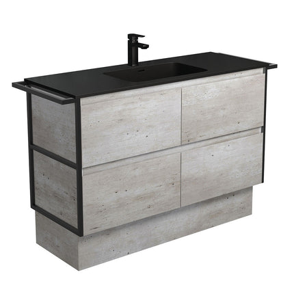 Fienza Amato Industrial 1200 Cabinet on Kickboard, Solid Panels, Bevelled Edge , With Moulded Basin-Top - Montana Solid Surface Matte Black Towel Rails