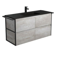Fienza Amato Industrial 1200 Wall Hung Cabinet, Solid Drawers, Bevelled Edge , With Moulded Basin-Top - Montana Solid Surface Matte Black Towel Rails
