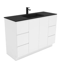 Fienza Fingerpull Gloss White 1200 Cabinet on Kickboard, Solid Doors , With Moulded Basin-Top - Montana Solid Surface