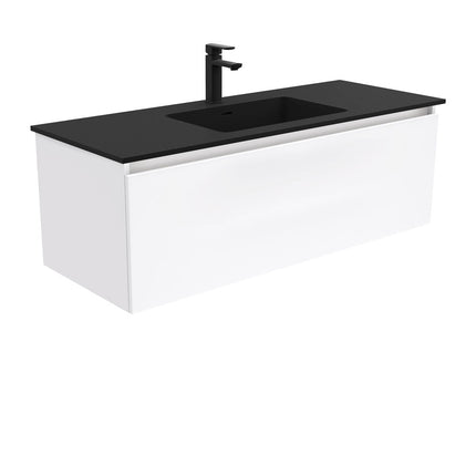 Fienza Manu Gloss White 1200 Wall Hung Cabinet, 1 Solid Drawer, 4 Internal Drawers , With Moulded Basin-Top - Montana Solid Surface