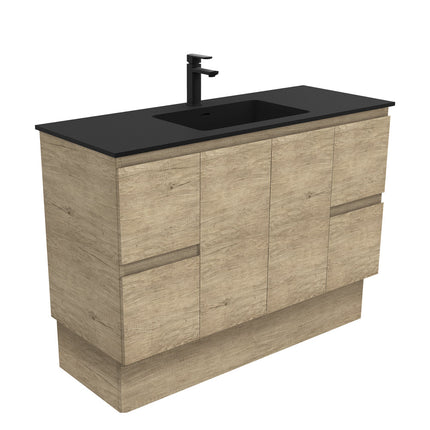 Fienza Edge Scandi Oak 1200 Cabinet on Kickboard, Solid Doors, Bevelled Edge , With Moulded Basin-Top - Montana Solid Surface