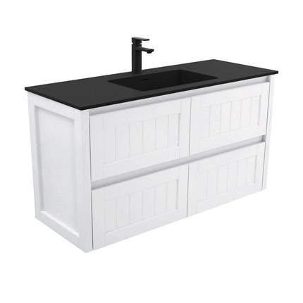 Fienza Hampton Satin White 1200 Wall Hung Cabinet, 4 Internal Drawers , With Moulded Basin-Top - Montana Solid Surface