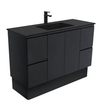 Fienza Fingerpull Satin Black 1200 Cabinet on Kickboard, Solid Doors , With Moulded Basin-Top - Montana Solid Surface